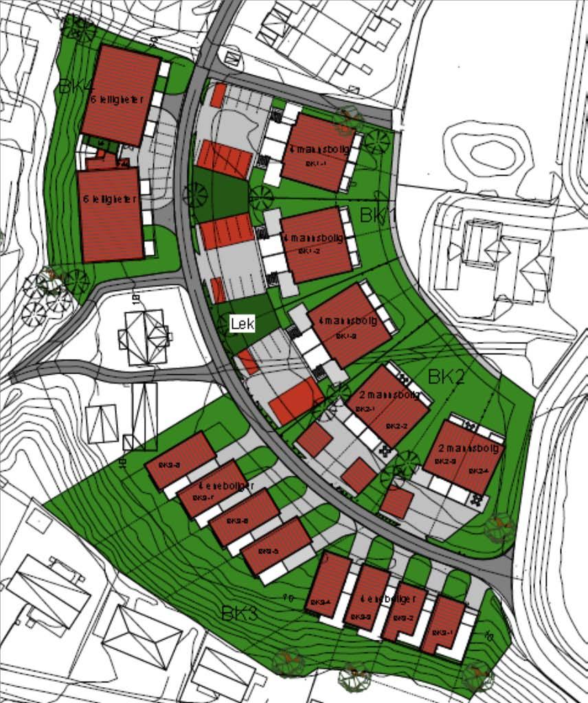 Figur 4: Situasjonsplan/illustrasjonsplan Kilde: Kristiansen & Selmer-Olsen BK1 og BK2 planlegges en kombinasjon av toetasjes tomannsboliger og firemannsboliger.