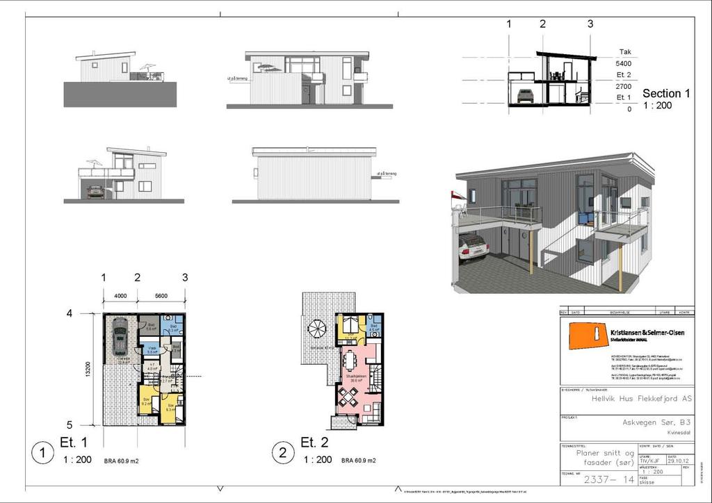 Figur 7: BK3, planer, snitt og fasader - enebolig i rekke. Kilde: Kristiansen & Selmer-Olsen I BK4 planlegges et 3 etasjes leilighetsbygg som kan romme inntil 12 boenheter. Maks. BRA er 1900 m 2. I 1.