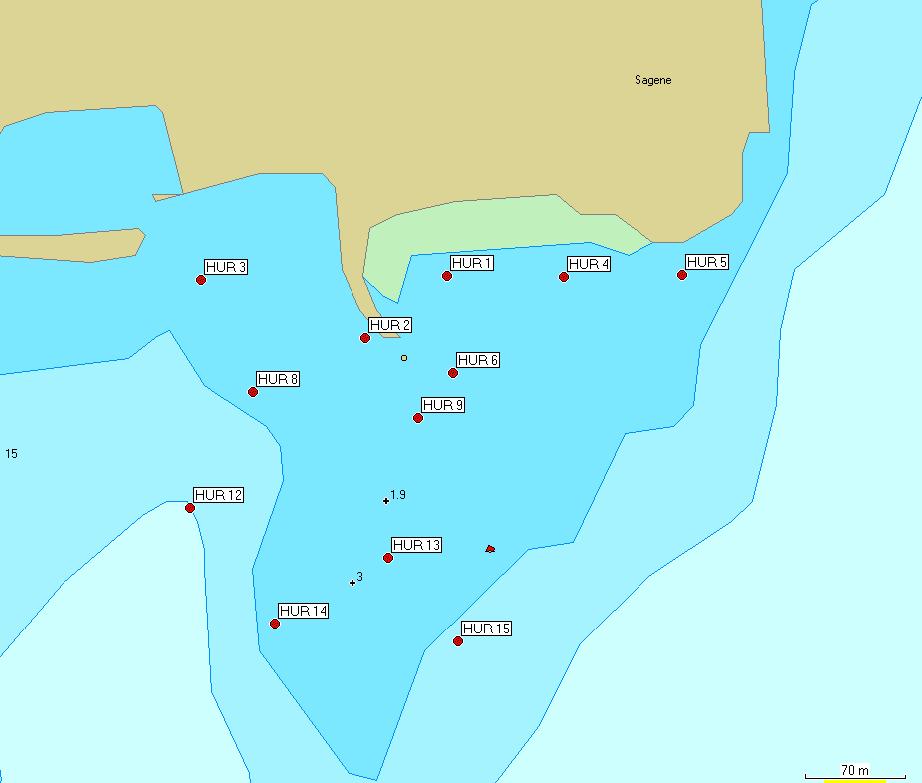 Tabell 1. Stasjoner for innsamling av sediment. Stasjoner, sediment Posisjon Dyp i meter HUR 1 N59 31.901 E10 32.015 3,0 HUR 2 N59 31.878 E10 31.955 7,3 HUR 3 N59 31.900 E10 31.832 10,0 HUR 4 N59 31.