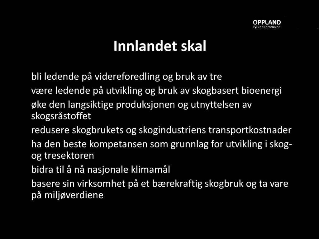 Innlandet skal bli ledende på videreforedling og bruk av tre være ledende på utvikling og bruk av skogbasert bioenergi ø ke den langsiktige produksjonen og utnyttelsen av skogsråstoffet redusere