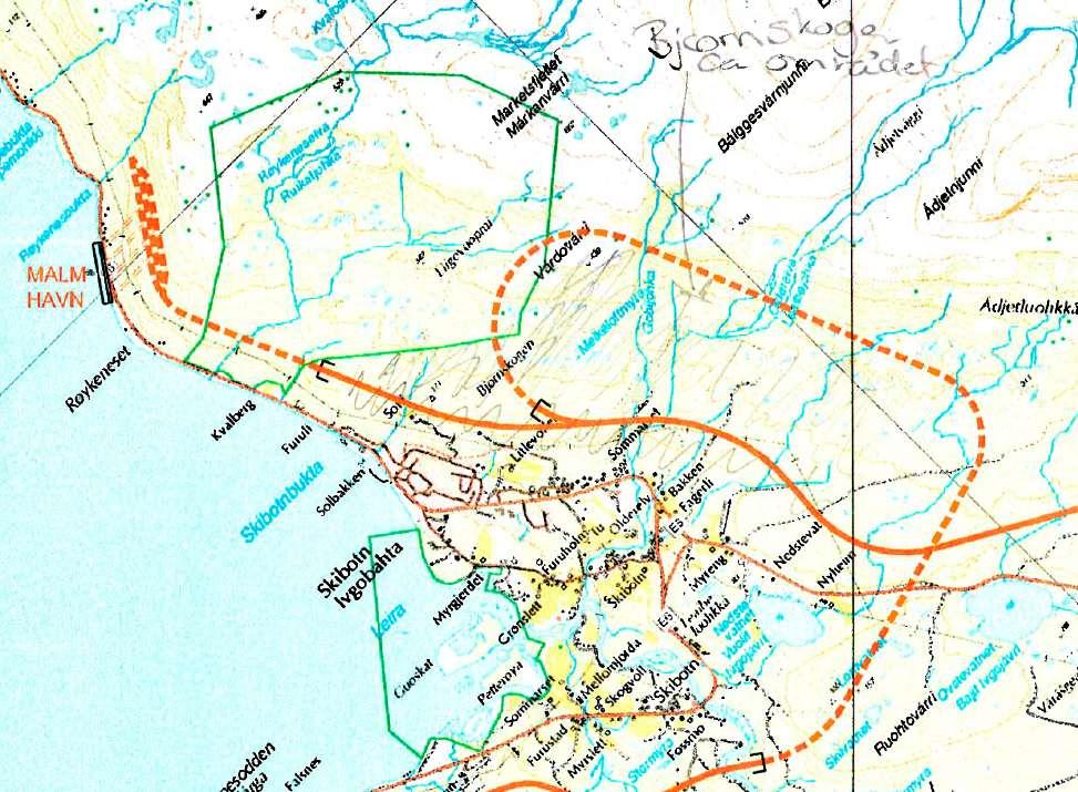 Figur 6. Skibotn-området, Storfjord kommune, med jernbaneplaner og eksisterende verneområder, Røykeneselva og Skibotnutløpet naturreservat Tranøy Tranøy kommune skriver i brev av 27.