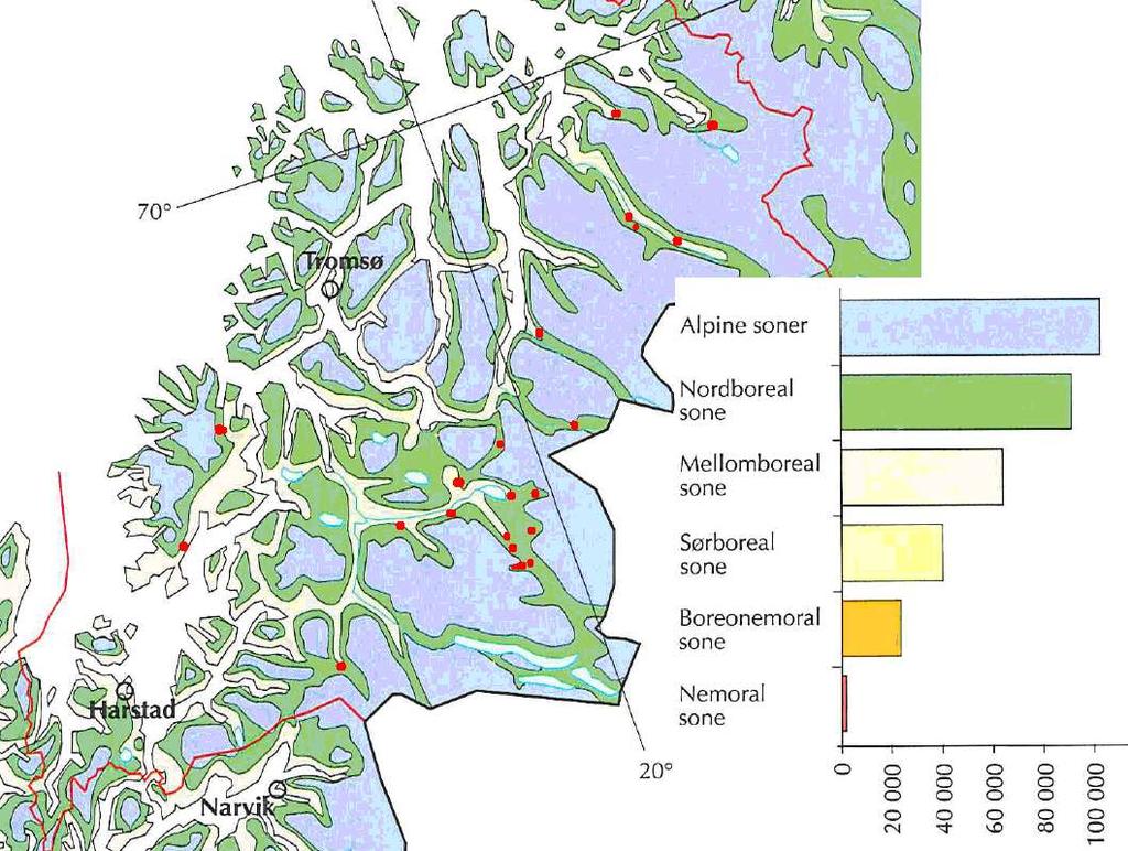 Figur 12. Vegetasjonssoner i Troms, med de foreslåtte verneområdene (rød prikk).
