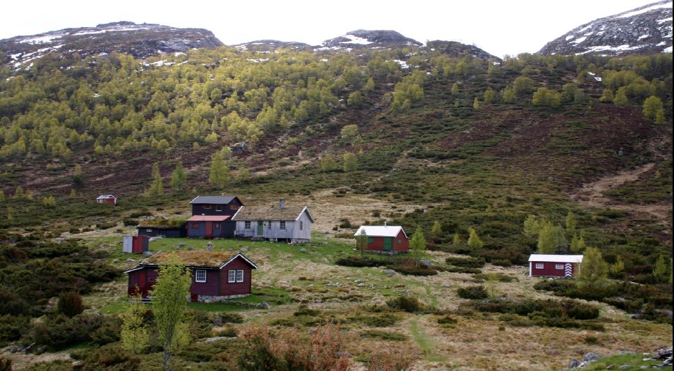 Søndre stølstun på Øvre Espedalsstølen Ny hytte er tenkt plassert på linje med den raude