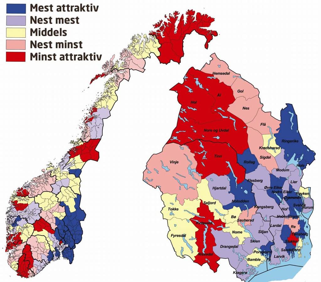 Kart attraktivitetsbarometer Figur 24: Attraktivitetsbarometeret for regioner i Norge, og kommuner i BTV.