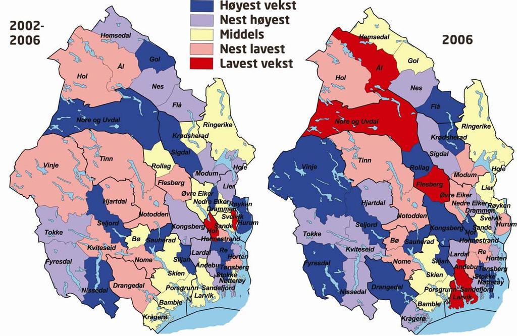 Kart arbeidsplasser Figur 31: Vekst i arbeidsplasser, til venstre siste fem år, til høyre i 2006, målt i forhold til alle kommuner i landet.