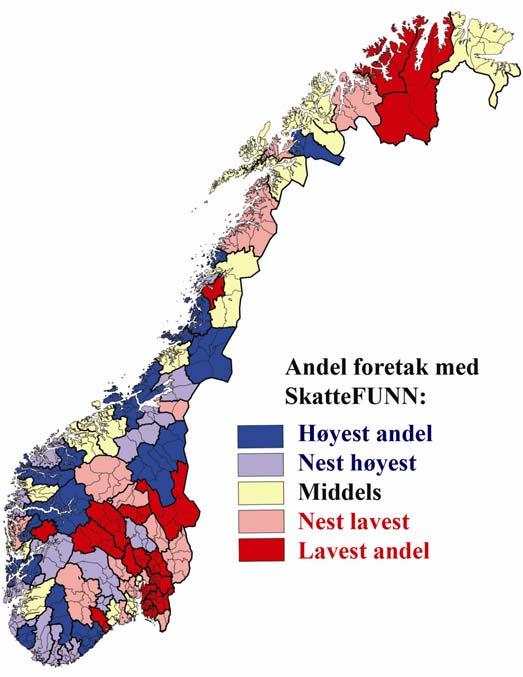 FoU-frekvens i regionene På kartet til høyre kan vi se på forskjellene mellom regionene i Norge med hensyn til bruk av SkatteFUNN.
