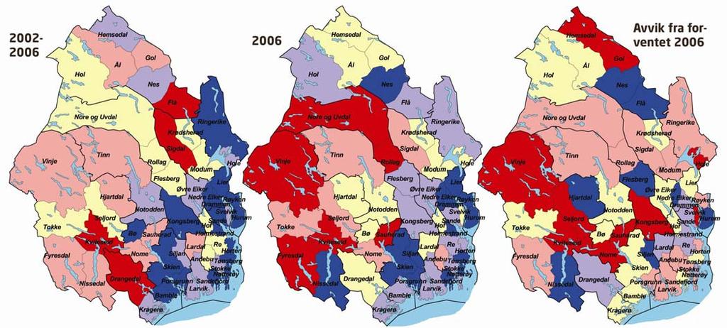 Kart nyetableringer Figur 50: Etableringsfrekvenser i kommunene. Til venstre gjennomsnittlig etableringsfrekvens i perioden 2002-2006. I midten etableringsfrekvens i 2006.