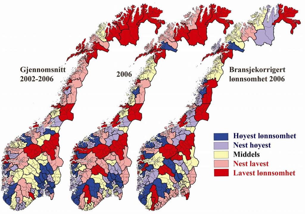 Kart lønnsomhet i regionene Figur 56: Kart med variasjon i andel lønnsomme foretak i regionene.