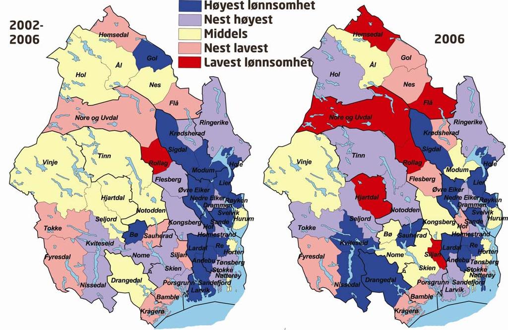 Kart lønnsomhet i kommunene Figur 57: Kart med variasjon i andel lønnsomme foretak i kommunene. Til venstre er gjennomsnitt i perioden 2002-2006, og til høyre andelen lønnsomme foretak i 2006.