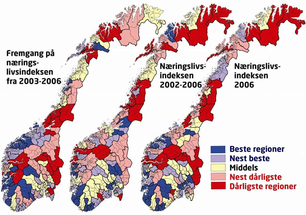 Kart næringsnm for regioner Figur 68: Kart med regionenes skår på næringslivsindeksen, i midten gjennomsnitt for perioden 2002-2006, og til høyre for 2006.