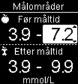 Fortsett for å stille inn øvre grense for målområdet Før måltid og nedre og øvre grense for