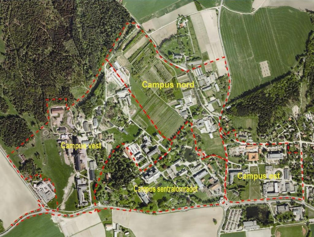 Figur 3: Planområdets fire hovedområder. 1.3.1 Sentralområdet Sentralområdet er i hovedsak sammenfallende med det eldste kjerneområdet for Landbrukshøgskolen.