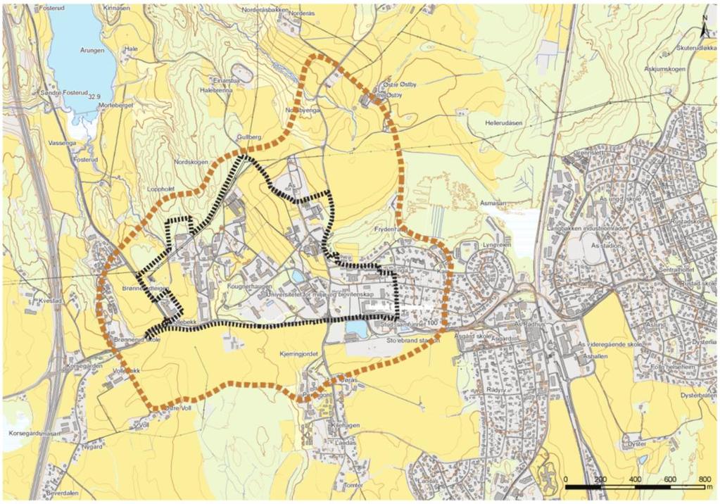 Figur 21: Planområdet er vist med svart stiplet strek og influensområdet med orange stiplet strek. 4.