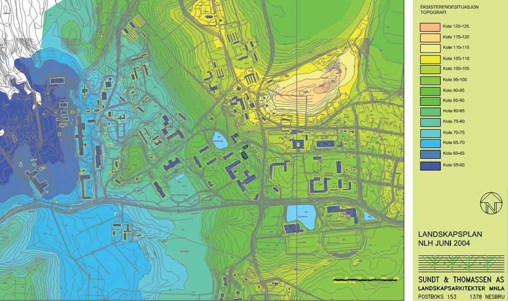 Nordskogen Ås kirke Fougnerhaugen Figur 24: Topografisk kart over Campus Ås. (Kilde:"Landskapsplan NLH", utarbeidet av Sundt & Thomassen AS, juni 2004).