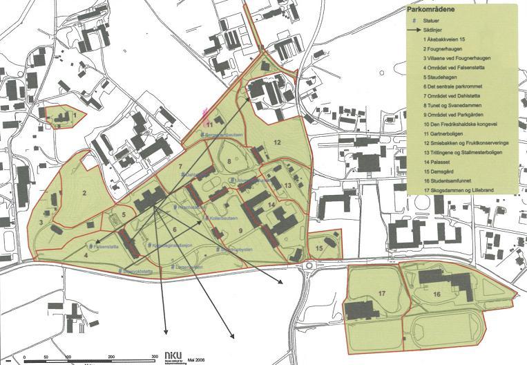 Figur 52: Planen gir en oversikt over viktige siktlinjer i parken i dag jevnfør Verneplan for UMB, del 1.