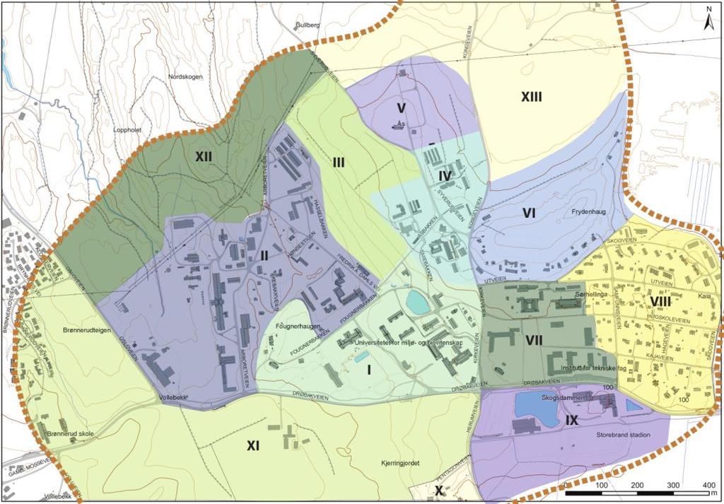 Figur 56: Inndeling i delområder/enhetlige områder. 6.1 Delområde I Sentralparken Sentralparken er det mest karakteristiske området på Campus og er preget av sterke vernehensyn.