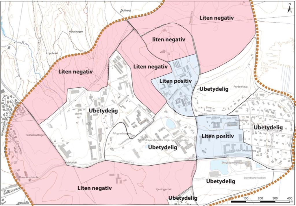 Figur 91: Kartet gir en oversikt over tiltakets konsekvenser for landskapsbilde innenfor de ulike delområdene. 8.