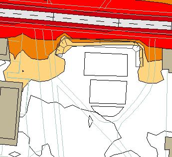 4 Beregning av utendørs lydnivå Figur 4 Utsnitt av støyberegning for utendørs oppholdsareal, Lden i 1,5 meter høyde, med et eksempel med en voll med høyde 2 meter. 4.3 Lydnivå på fasader Punkter i figur 9 og figur 10 er vist som høyeste frittfelt lydnivå på fasade uavhengig av etasje.