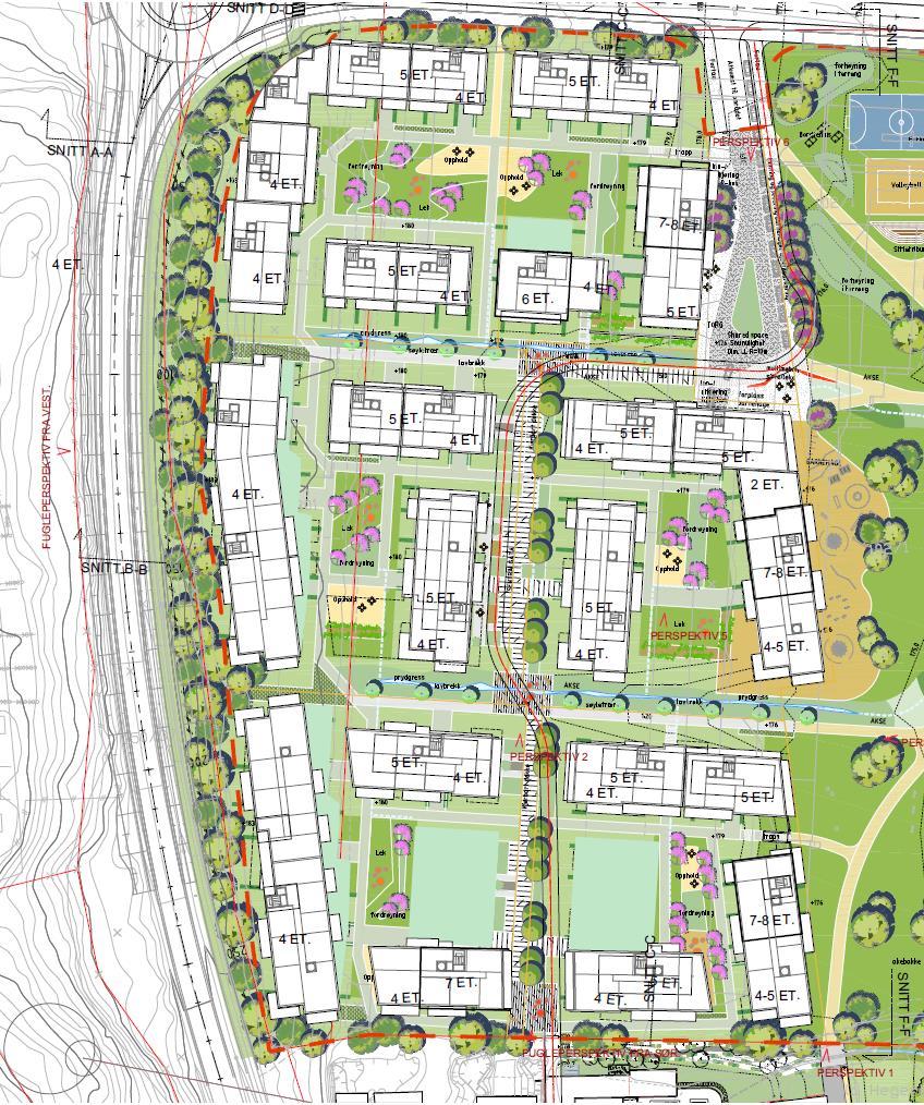 3 Forutsetninger Figur 2 Foreløpig illustrasjonsplan bebyggelse vest for sentralparken [HRTB Arkitekter AS].