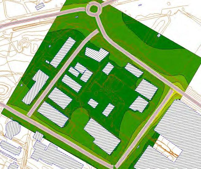 Grensen for rød sone i henhold til T-1520, årsmiddel over 40 μg/m³, er ikke overskredet noe sted i planområdet. Figur 4-1: Beregning av årsmiddel for NO2 for dagens situasjon.