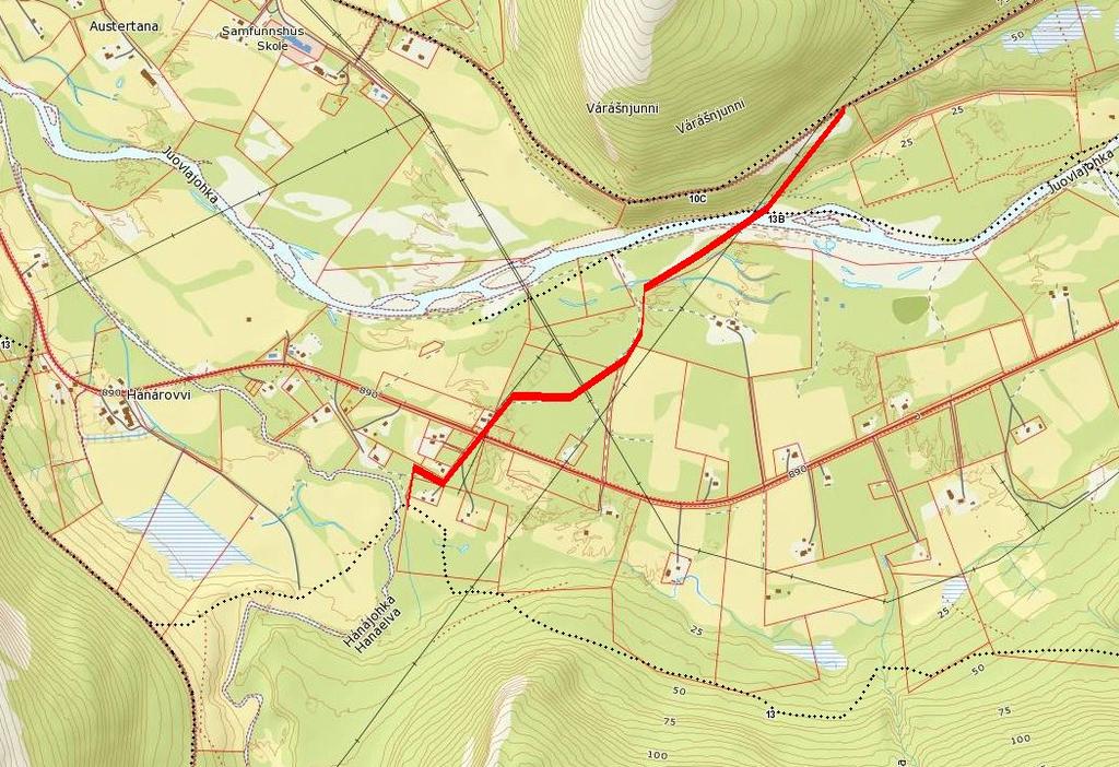 Gjennom første høring fremmet kommunen med bakgrunn i dette forslag om å forskriftsfeste traséen over Julaelva, som blir en endring av 13 B i vårt forslag (se kart 12 nedenfor).