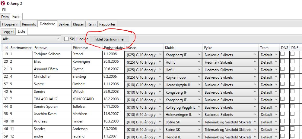 Tildel startnummer Når alle påmeldte deltagere er lagt inn i systemet må man tildele startnummer. Trykk Tildel startnummer.