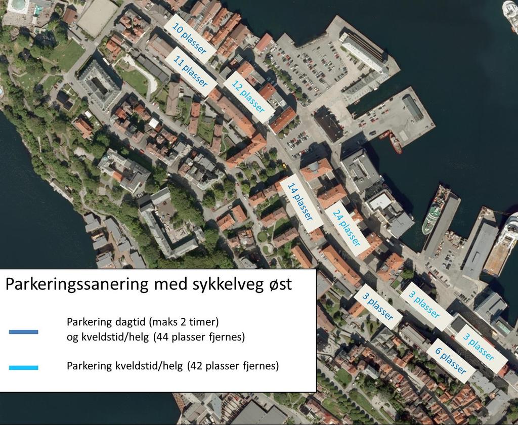 Hovedsykkelrute Strandgaten 51 Mellom Tollbodallmenningen og Nordnesbakken er det kun lommer langs vestsiden. Her er det tofelts gate med kun plass til lomme på den ene siden.