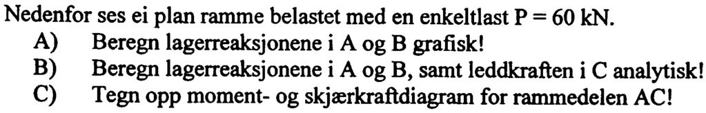 Eksamen i Mekanikk mai -05 Oppgave Nedenfor ses ei plan ramme belastet med en enkeltlast P = 60 kn.