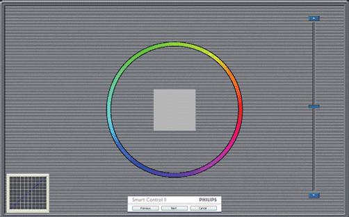 Første fargekalibreringsskjerm: Previous (Forrige)-knappen er deaktivert frem til den andre fargeskjermen.