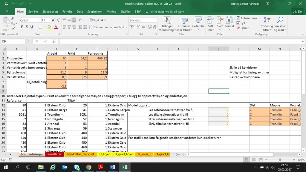 Figuren er delt inn i referansesituasjonen øverst og tiltakssituasjonen nederst. Inndata for referansesituasjonen er merket med blått, mens inndata for tiltakssituasjonen er merket med oransje.