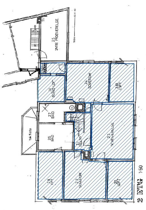 4 Plantegning av hovedhus 2. etasje, skraverte felt viser omfanget av interiørfredningen.