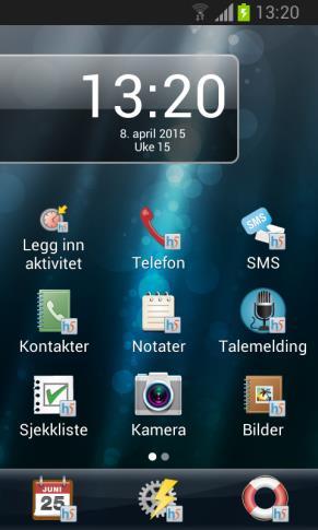 Startmeny med standardlayout minner om en vanlig startskjerm i Android og viser i tillegg til tilgjengelige apper, også statusfeltet. Det er mulig å legge en snarvei til funksjoner i Handi-appene, f.