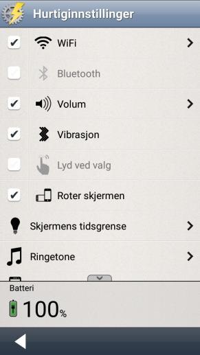 7. Hurtiginnstillinger I Handi-appen Hurtiginnstillinger kan man gjøre de vanligste innstillingene for enheten. Det er mulig å stille inn hvilke innstillinger som skal vises, se 9.