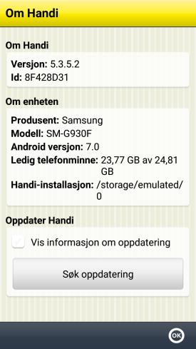 3.7 Om Handi I Handi Innstillinger System Om Handi vises versjonen av programmet, enhetens id og informasjon om enheten.