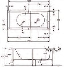 Badekar Porsgrund Seven D 1500 Rektangulært badekar Rektangulært badekar i akryl, komplett med ramme, frontpanel og endepanel. Mål: 1500x700x625 mm. Høydejusterbart stativ (+ 45 mm).