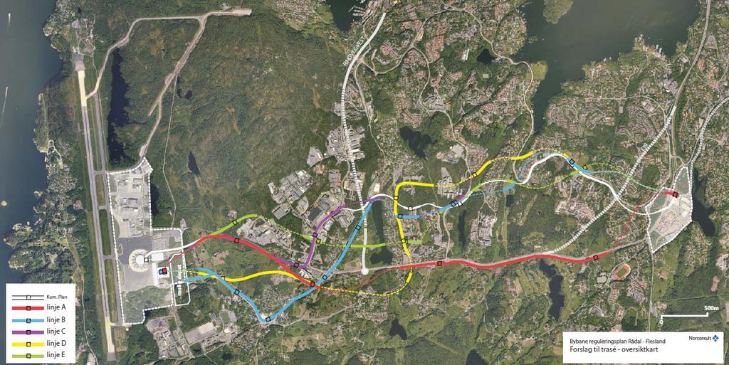 Figur 2: Vurderte traseer i Fase 1, Trasevurderinger Samlerapporten i Fase 1 presenterer og evaluerer 5 traseer med ulike egenskaper og kvaliteter.