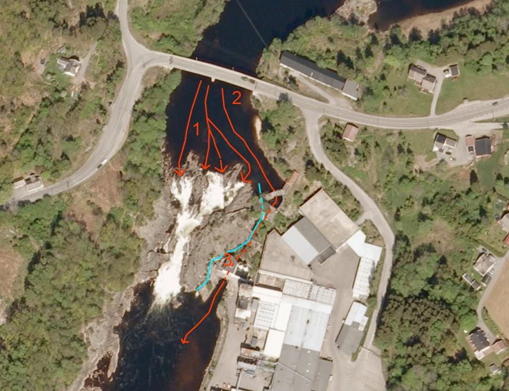 Figur 1. Boenfossen i Tovdalselva med mulige utvandringsruter for smolt inntegnet.