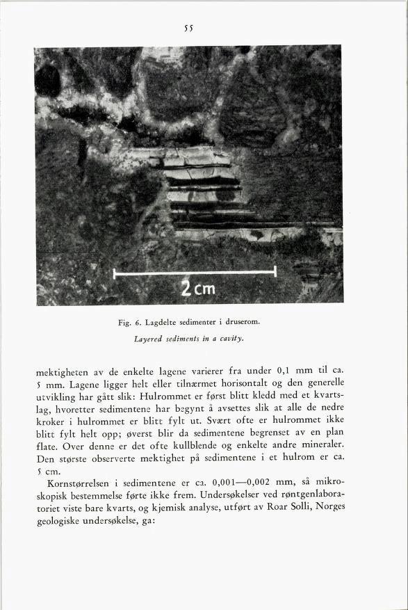 55 Fig. 6. Lagdelte sedimenter i druserom. Layered sediments in a cavity mektigheten av de enkelte lagene varierer fra under 0,1 mm til ca. 5 mm.