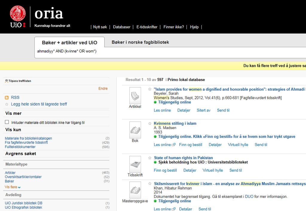 ORIA EMNESØK MED ORD eks : kvinner i Ahmadiyya med emneord søk ved å kombinere trunkering,