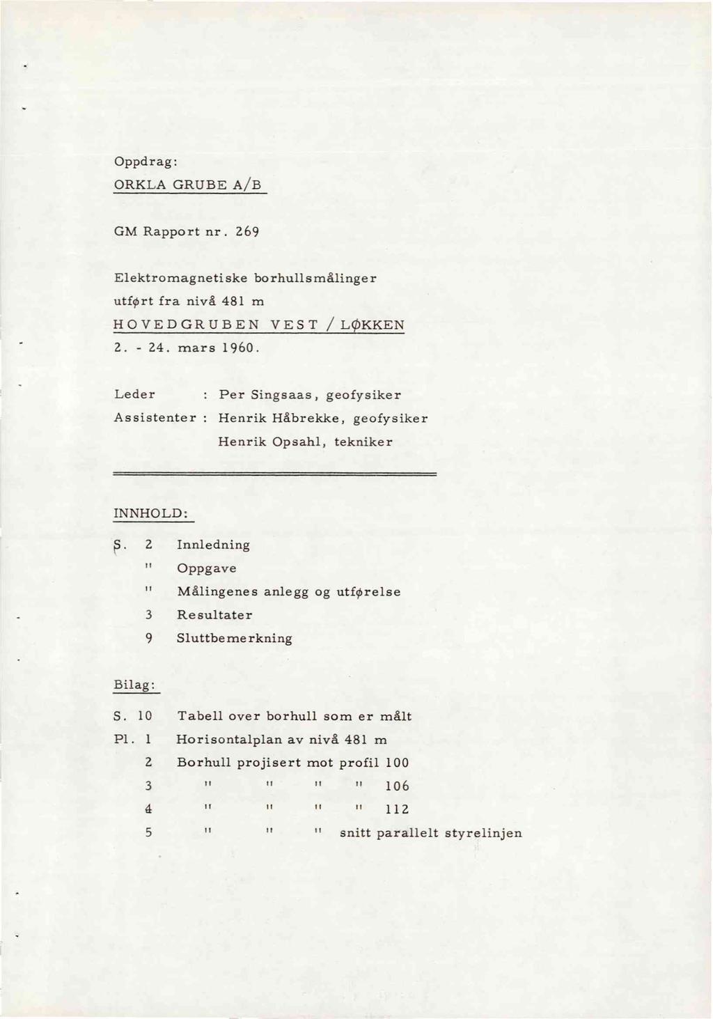 Oppdrag: ORKLA GRUBE A/B GM Rapport nr. 269 Elektromagnetiske borhullsmålinger utfort fra nivå 481 m HOVEDGRUBEN VEST /L KKEN 2. - 24. mars 1960.