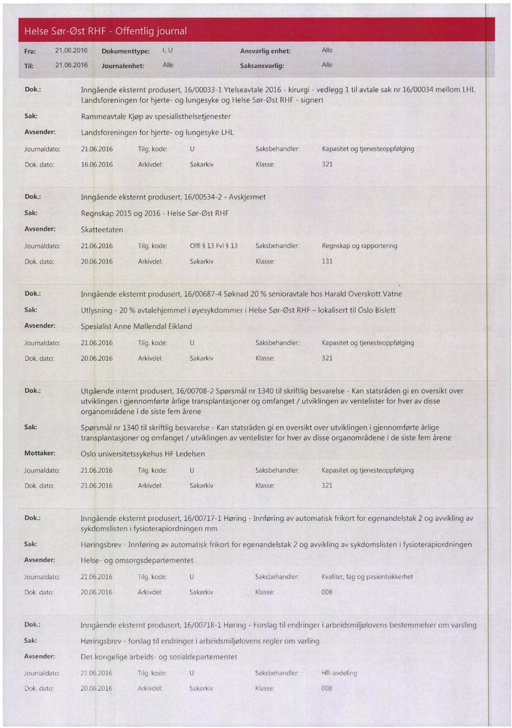 Fra: 21.06.2016 Dokumenttype: I, U Ansvarlig enhet: Alle Til: 21.06.2010 Journalenhet: Alle Saksansvarlig: Alle Dok.