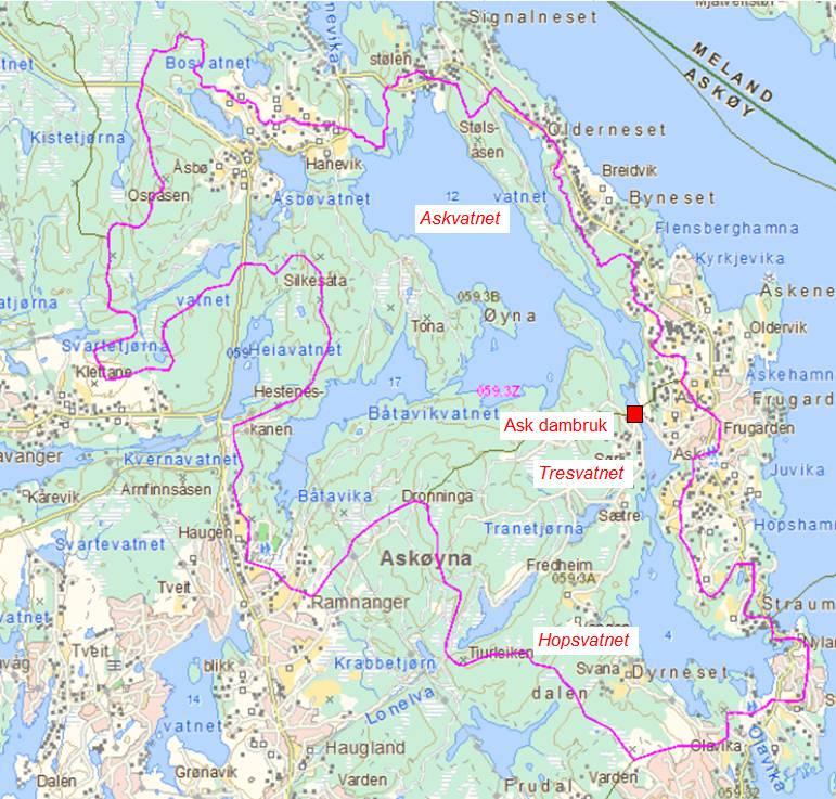 ASKVASSDRAGET NVE-NR. 053.Z Askvassdraget ligger i Askøy kommune i Hordaland (figur 1), og inneholder en rekke innsjøer, med Askvatnet (12 moh.) som den desidert største.