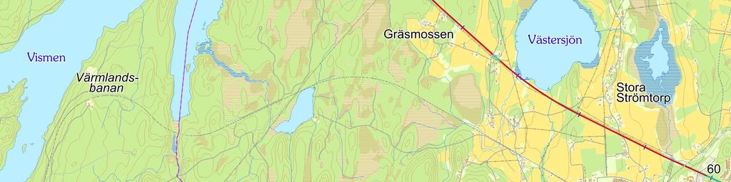 Fra sørøstsiden av broen, i Degerfors kommune, og helt fram til jordbruksbygdene nær Gräsmossen, vil høyhastighetsbanen gå gjennom kupert terreng.