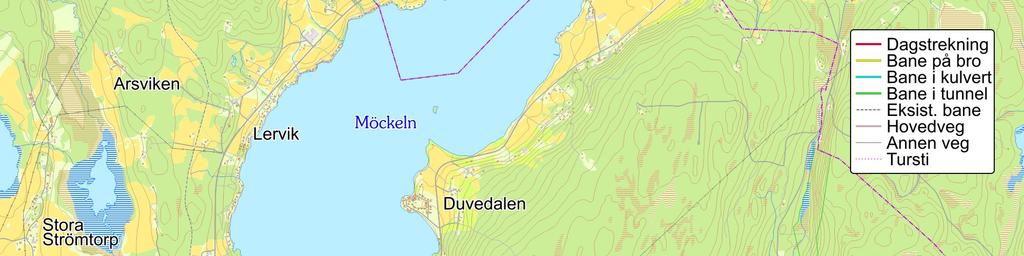 Nye tider for Norge Trasékart 7-10: Linje via Degerfors, optimalisert, men ikke anbefalt trasé fra Degerfors til like vest for Tryggeboda. Norsk Bane AS.