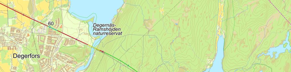 Kilometerangivelsene (blå merker) viser banedistansen fra Karlstad C. Kartutsnittet er på 10 km x 10 km.