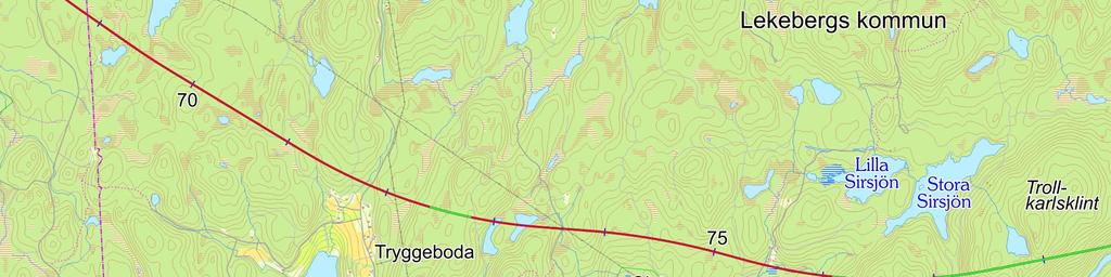 Kilometerangivelsene (blå merker) viser banedistansen fra Karlstad C. Kartutsnittet er på 10 km x 10 km.