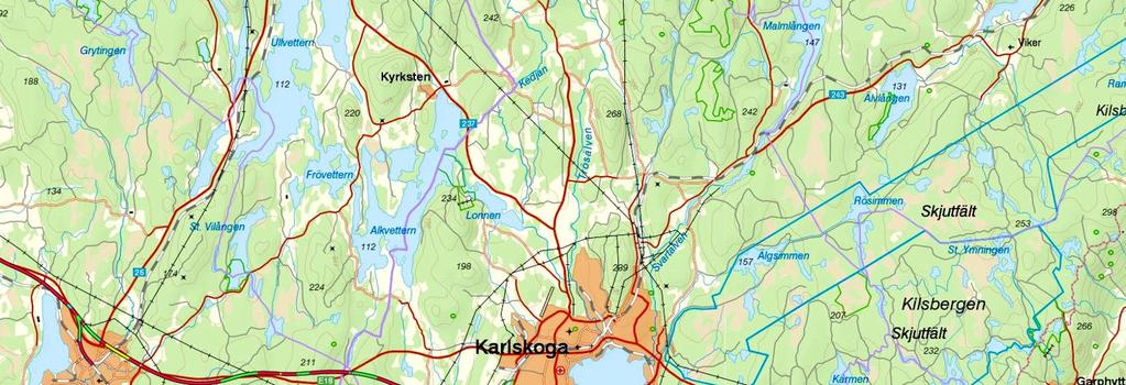 Nye tider for Norge Oversiktskart 7-3: Foreslått trasé mellom Kristinehamn og Lanna, via Karlskoga.