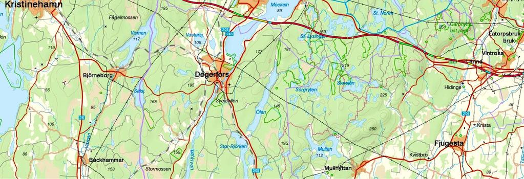 Oversiktskart 7-4: Optimalisert, men ikke anbefalt trasé mellom Kristinehamn og Lanna, via Degerfors.