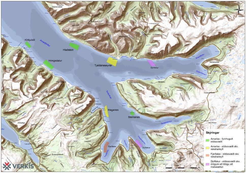 Mynd 1. Núverandi og fyrirhuguð eldissvæði Arnarlax við Haganes, Tjaldaneseyrar, Steinanes, Hringdal, Hlaðsbót og Kirkjuból. Einnig koma fram upplýsingar um hvar eldissvæði Fjarðalax ehf.