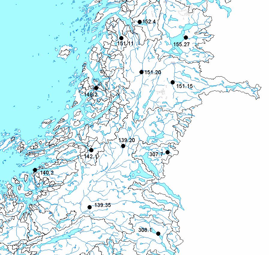 Figur 4. Vannføringsstasjoner i Nord-Trøndelag og Søndre Nordland. Areal Eff.sjøpr. Høydeforhold, moh. Vannføringsstasjon km 2 maks. median min. 139 2 Moen 64.2 199 558 2 139 35 Trangen 854 2.